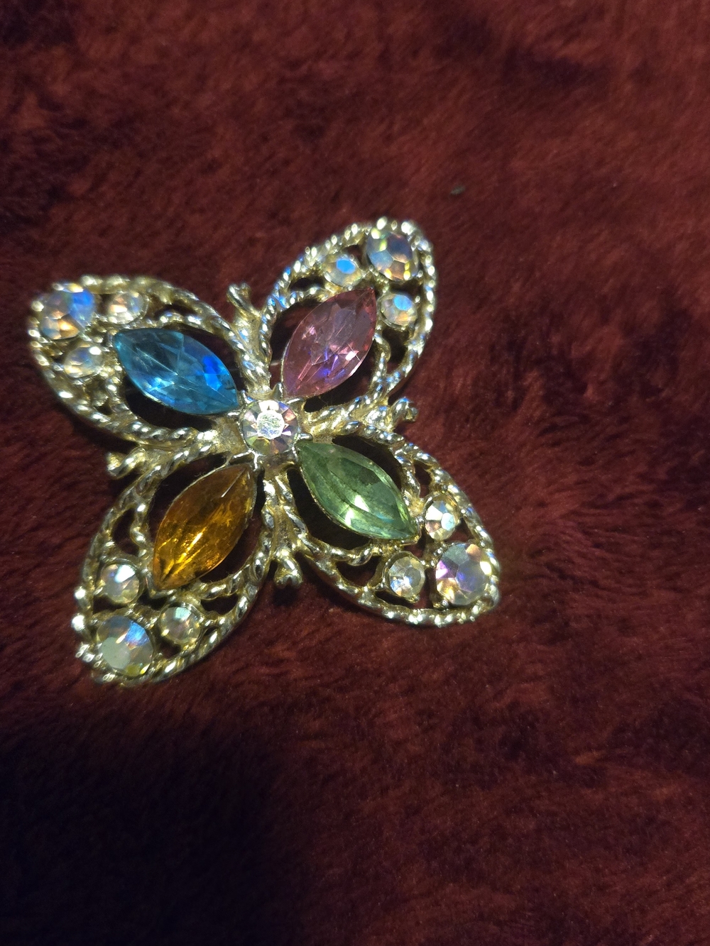 Multicolor Crystal Butterfly Brooch - Gold Tone